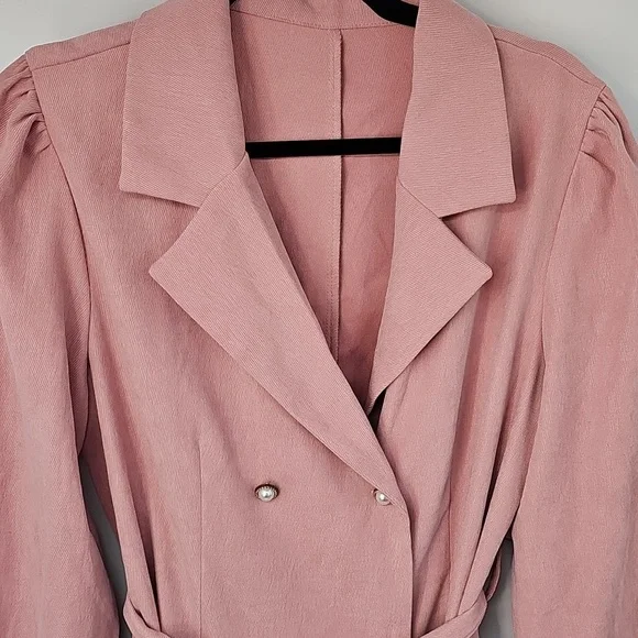 Elegant Salmon Pink Corduroy Double Breast Puff Sleeved Mermaid‎ Hem Dress - Picture 2 of 14